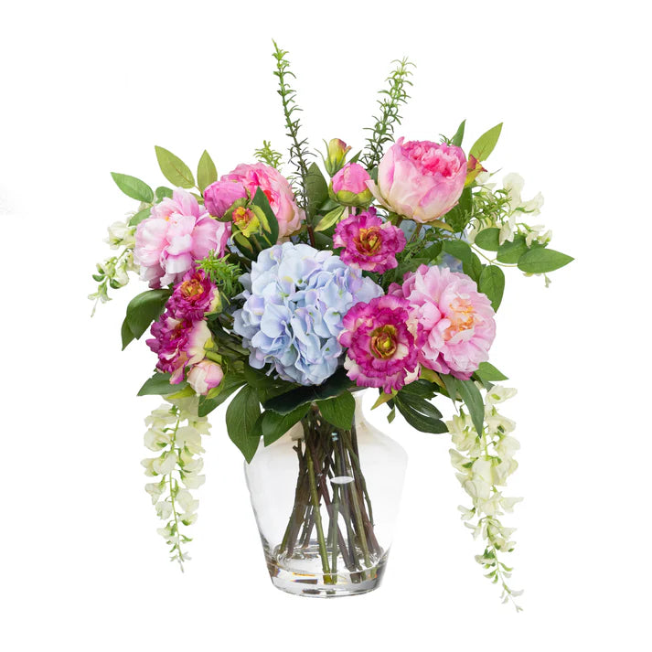 Hydrangea, Peony & Wisteria Mixed Arrangement in Glass