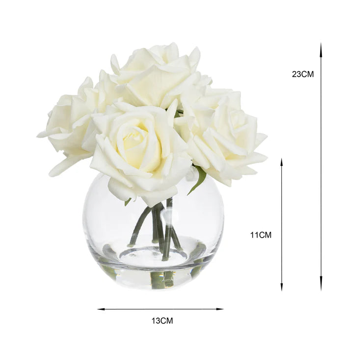 Real-Touch Rose in Fishbowl Vase (White) 23cm Artificial