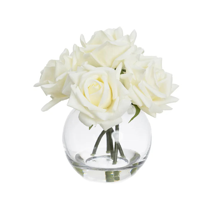 Real-Touch Rose in Fishbowl Vase (White) 23cm Artificial