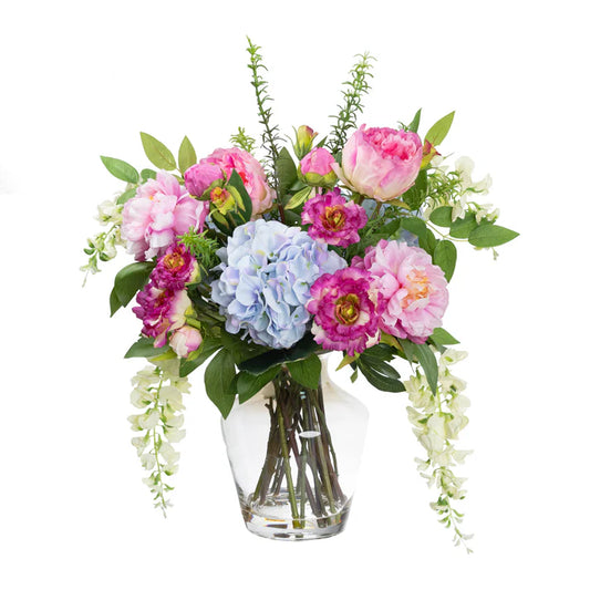 Hydrangea, Peony & Wisteria Mixed Arrangement in Glass