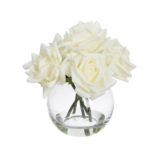 Real-Touch Rose in Fishbowl Vase (White) 23cm Artificial