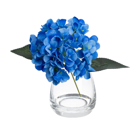 Hydrangea Arrangement in Glass Vase (Blue) 20cm Artificial