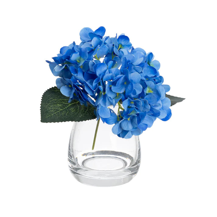 Hydrangea Arrangement in Glass Vase (Blue) 20cm Artificial