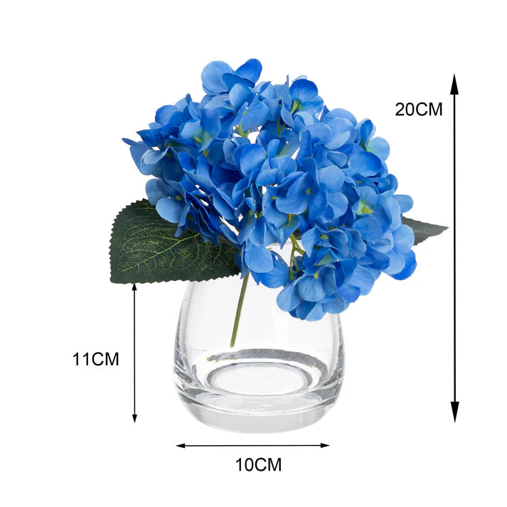 Hydrangea Arrangement in Glass Vase (Blue) 20cm Artificial