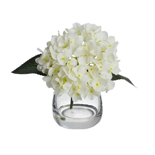 Hydrangea Arrangement in Glass Vase (Cream) 20cm Artificial
