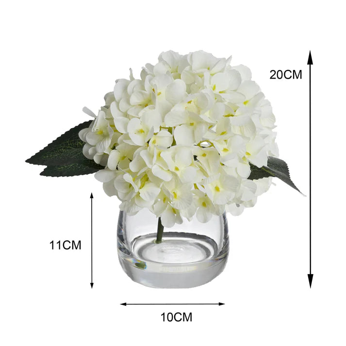Hydrangea Arrangement in Glass Vase (Cream) 20cm Artificial