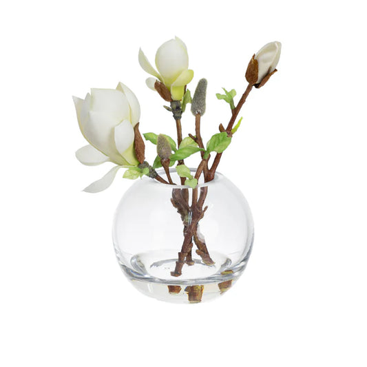 Magnolia Spray in Fishbowl Vase (White) 25cm Artificial